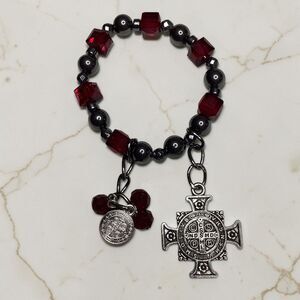 St Benedict Crucifix Stretch Hematite Bracelet Red Gothic Religious Faith Charm
